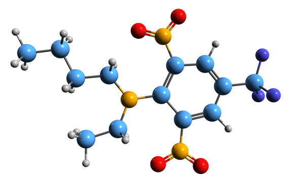 3D image of Benfluralin skeletal formula - molecular chemical structure of Herbicide isolated on white background