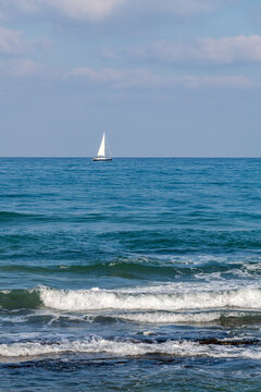 Sailboats on the Mediterranean Sea near the shore of Tel Aviv, Israel
