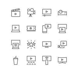 Set of cinema and video icons, movie, video clip, tv and linear variety vectors.
