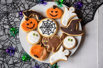 halloween dessert sweet baked trick or treat cookies, cake, bisquits shaped pumpkin, ghost, with,  - 541070932