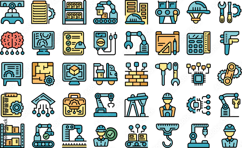 Poster engineer factory icons set outline vector. machine work. technical computer color flat isolated