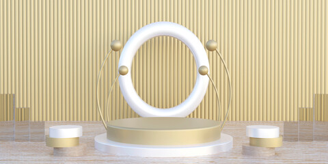 Elegant podium with decorative objects . Stand to show products. Stage showcase with copy space. Pedestal display. Banner size. Website cover template. 3D rendering.