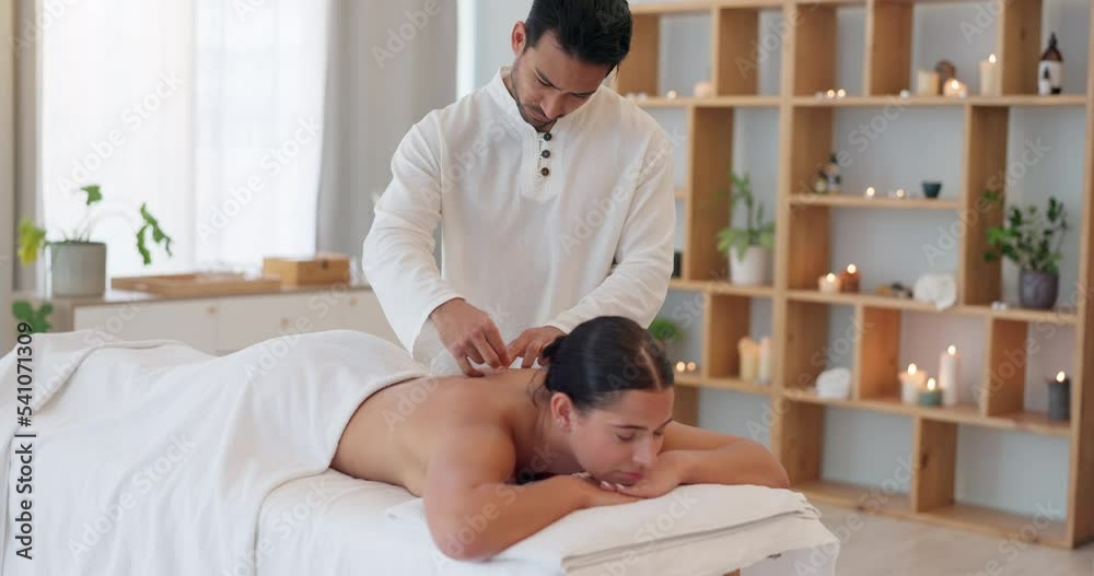 Canvas Prints Back acupuncture, health and woman at spa to relax, healing or physiotherapy at luxury clinic for alternative medicine. Chinese medicine, wellness and man helping or apply needles in female body.