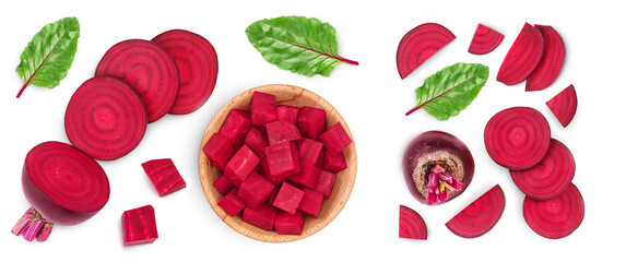 beetroot diced in wooden bowl isolated on white background with full depth of field. Top view. Flat...