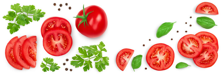 Tomato with slices parsley and peppercorn isolated on white background. Top view. Flat lay