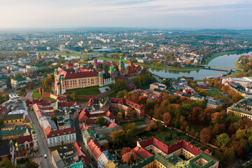 Poland. Aerial Krakow skyline with Wawel Hill, Cathedral, Royal Wawel Castle. Wawel Castle is the main historical attraction in Poland. A tourist route. Historic royal Wawel castle in Cracow. 