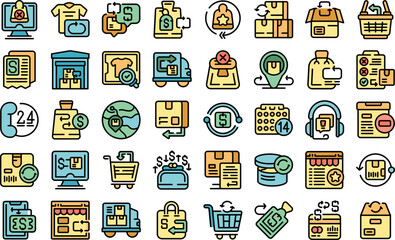 Purchase returns icons set outline vector. Shipping receive. Refund store color flat isolated - obrazy, fototapety, plakaty