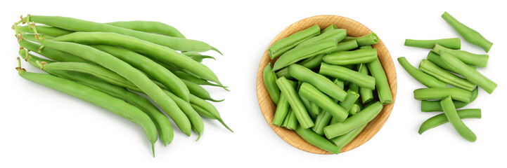 Green beans in wooden bowl isolated on a white background , Top view. Flat lay