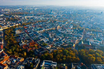 Old city center view in Krakow. Central market square in Wroclaw Poland with old colourful houses....