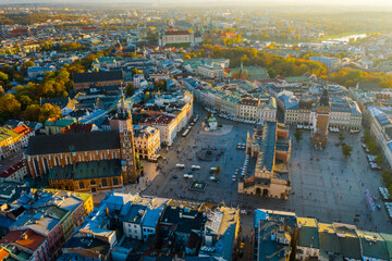 Old city center view in Krakow. Central market square in Wroclaw Poland with old colourful houses. Krakow Market Square from above, aerial view of old city center view in Krakow. Medieval city center.