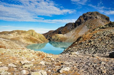 mountain panorama. view of the Wildsee and the Pizol summit. Beautiful landscape picture with the mountain lake. 5 lakes hike. five lakes. Switzerland. High quality photo