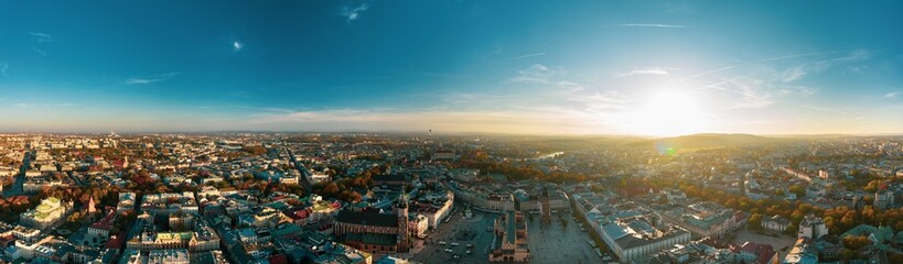 Panorama. Old city center view in Krakow. Krakow Market Square from above, aerial view of old city center view in Krakow. Medieval city center. 