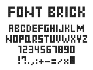 Black plastic children's building blocks font, children's constructor bricks alphabet letters, numbers and signs.