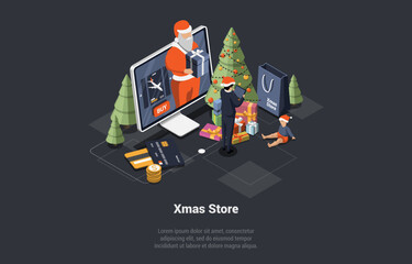 Christmas Celebration Concept. Santa Giving Gifts To Customers In Xmas Store. Christmas Toy Store With Tree With Gifts. Father Reading Christmas Fairy tale To Child. Isometric 3d Vector Illustration