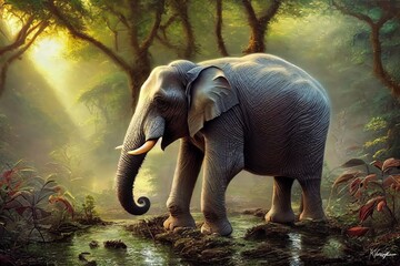 Elephant with a prehensile proboscis , long curved ivory tusks. Illustration for books, cartoons .