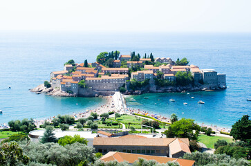 Best panorama of Sveti Stefan in Montenegro stock photo