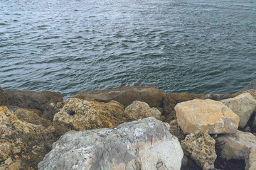Fort Pierce Florida rocky shoreline overlooking harbor at Ft. Pierce Inlet from Atlantic Ocean