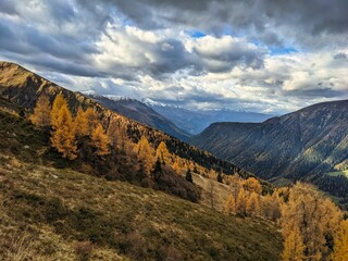 Rinerhorn Davos. Autumn hike to the Rinerhorn after the first snowfall in autumn. wanderlust. Cloudy sky. High quality photo