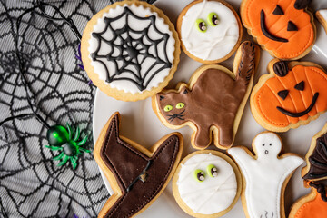 halloween dessert sweet baked trick or treat cookies, cake, bisquits shaped pumpkin, ghost, with,  - 541074535