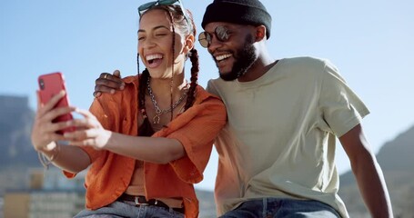 Couple, bonding and phone selfie on city building rooftop on New York summer holiday, travel vacation date or social media memory. Smile, happy or black man and woman on mobile photography technology - Powered by Adobe