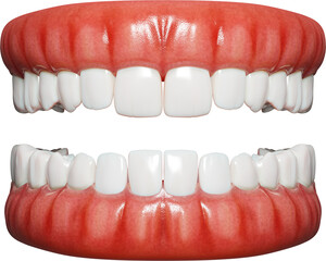 Human teeth, medical 3d illustration on a transparent background. Human jaw with gums and teeth. Dental anatomy, front view. 3D render.
