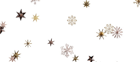 golden openwork shiny snowflakes, star, 3D rendering.