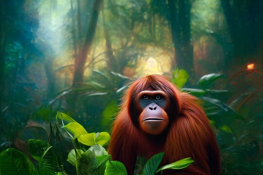 Monkey in the jungle. Illustration for advertising, cartoons, games, print media.
