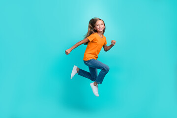 Fototapeta na wymiar Full body length photo of young cute pretty schoolgirl running hurry late for school shopping sale season isolated on aquamarine color background