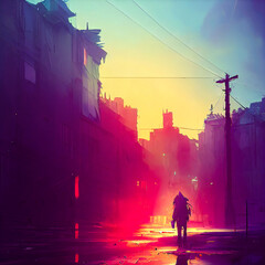 Fototapeta premium Cyberpunk game art with futuristic city buildings and neon glow