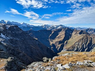 Vew of the glarus alps. Piz Segnas and Piz Sardona. Snow cover from the first snow, hiking in the autumn time. High quality photo