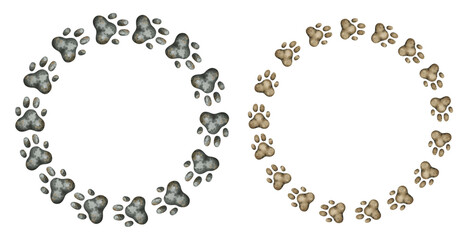 Watercolor wreaths with paw prints. Brown and black vintage footprints of cats and dogs
