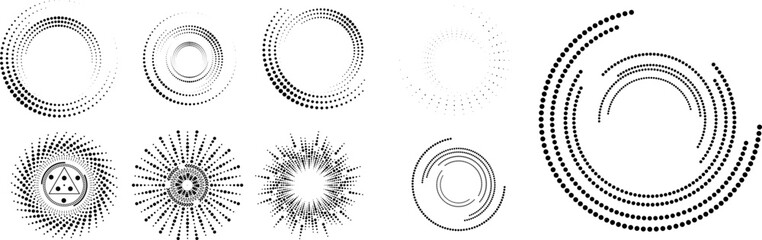 Design elements with circular halftone dots. Vector rotating dotted circles design . Half tones collection . Concentric circles for posters, social media, promotion,  flyer, covers .Dotted frames
