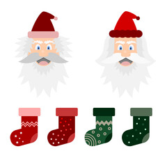 Christmas vector set with two Santa Claus and four stylized socks.