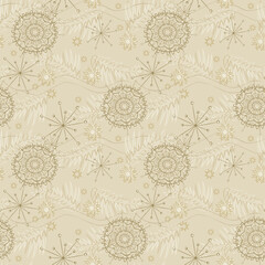 Stylish beautiful hand drawn winter pattern with various falling snowflakes for Christmas background in beige brown  warm, pastel colors. Seamless vector texture for decor, wallpaperfor web-design 