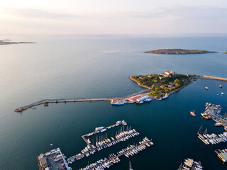 Aerial sunset view of old town and port of Sozopol, Bulgaria