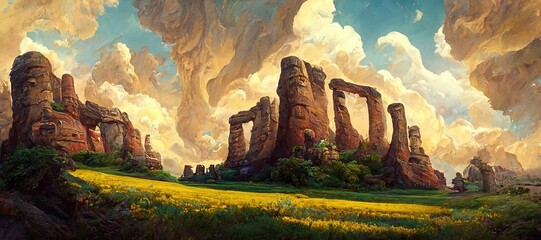 Awe inspiring sandstone butte pillar rock formations, ancient inscribed canyon valley monolithic arches and cliffs - wild flowers and majestic epic surreal turbulent storm clouds.  - obrazy, fototapety, plakaty