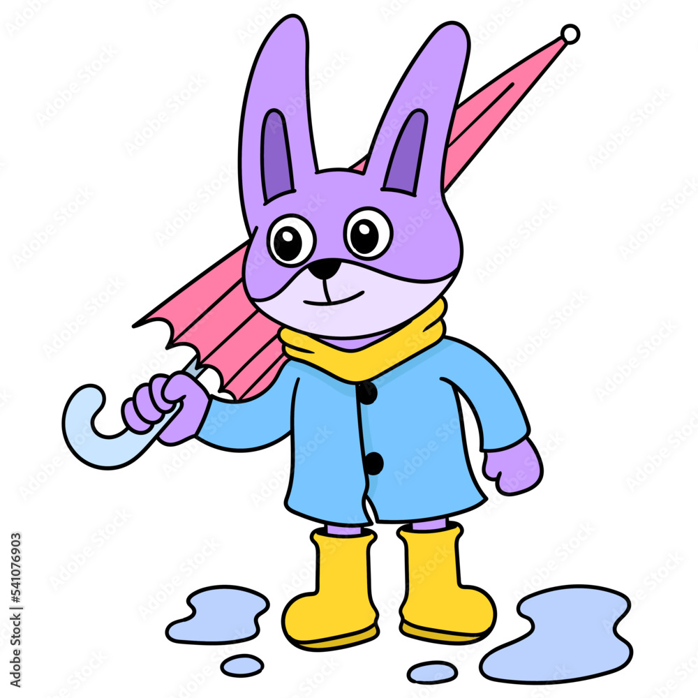 Sticker Cute cartoon purple bunny wearing rain clothes and a pink umbrella