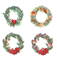 Winter botanical watercolor set floral border green red berries