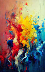 Abstract painting splashes of paint in synchonised colorful grouping, on canvas