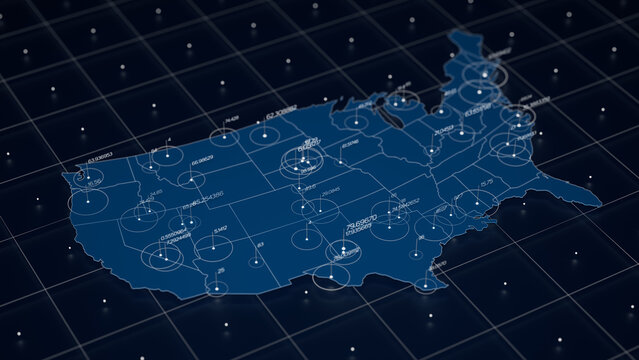 USA blue map big data visualization. Futuristic map infographic. Information aesthetics. Visual data complexity. Complex USA data graphic visualization. 3d render illustration