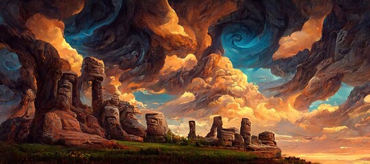 Awe inspiring sandstone butte pillar rock formations, ancient inscribed canyon valley monolithic arches and cliffs - wild flowers and majestic epic surreal turbulent storm clouds.  - obrazy, fototapety, plakaty