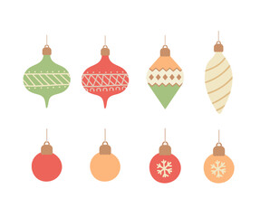 Set of Christmas decorations, balls, toys isolated on white background. Flat vector Illustration