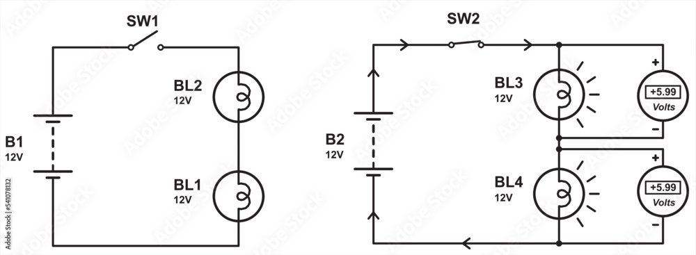 Wall mural vector schematic diagram of electrical circuit with lamp, constant voltage source (battery), button 