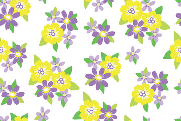 Seamless floral pattern, summer ditsy print with small bouquets on a white background. Cute flower surface design with tiny hand drawn plants: yellow flowers, leaves. Vector botanical illustration.