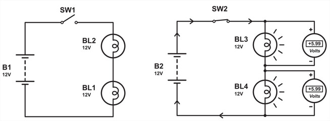 Vector schematic diagram of
electrical circuit with lamp, constant
voltage source (battery), button and and a measuring device (voltmeter). Physical properties of conductors. Flow of charged electrons