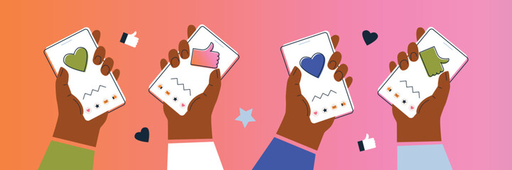 Smartphone with likes. Friends chatting. New generation. Concept of social networks, virtual relationships. Friends chatting and texting. Vector illustration. 