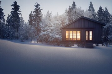 Fototapeta na wymiar House in the forest in winter. Wooden house under the snow, winter landscape 3D illustration.