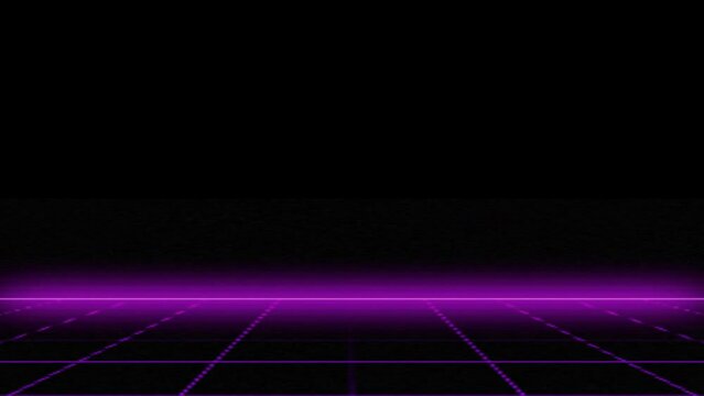 Purple 1980's vintage cyberpunk neon perspective grid, initial retro video game screen. Vaporwave abstract animation clip