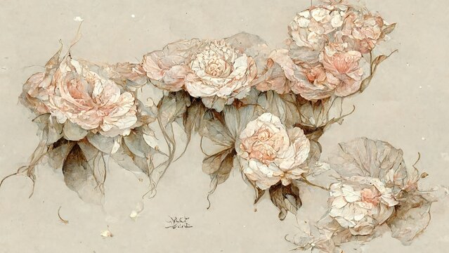 lacy roses of pale color. Pattern. 3D rendering. Raster illustration.