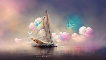 Fantasy sailboat with butterfly wings, magical shiny dust, sails on the wonderful sea. 3D rendering. Raster illustration.